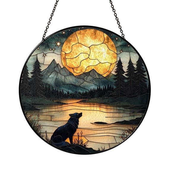 Wolf Moon Stained Glass Style Suncatcher Window Hanging, Decorative Howling Wolf Glass Style Art Panel with Forest Moonlight Scene for Nature Window Decor Ornament Gift