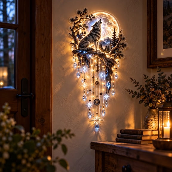 Wolf Moon Starfall Wall Light, Howling Wolf Moon Acrylic Wall Art with Starfall Crystal Charms, 2D Mountain Forest Scene Wall Hanging Pendant for Living Room Bedroom Decor