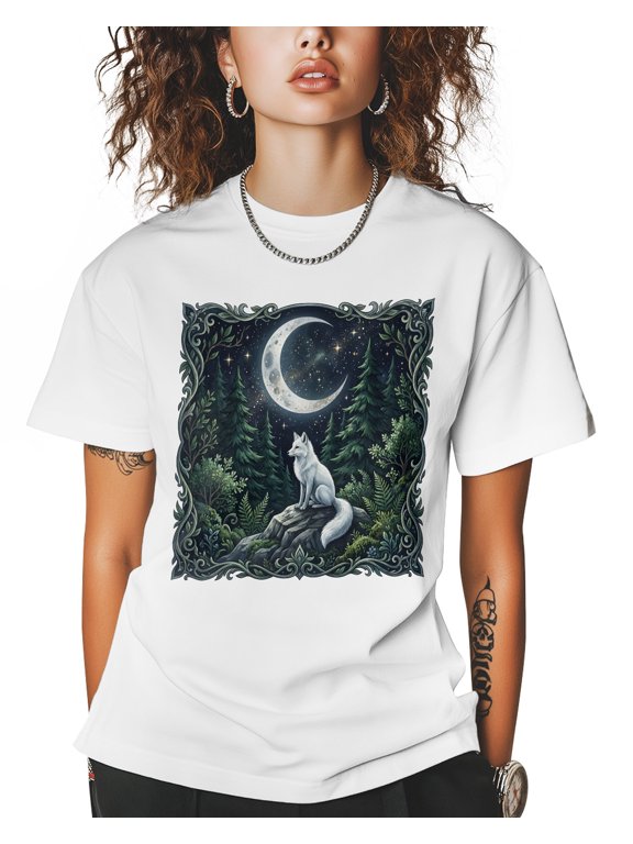 Wolf Moon T Shirts for Women Short Sleeve Cotton Crewneck T-Shirt Fantasy Cartoon Wolf Forest Rocks Tee Tops Casual Basic T-Shirts, XS-5XL White XS