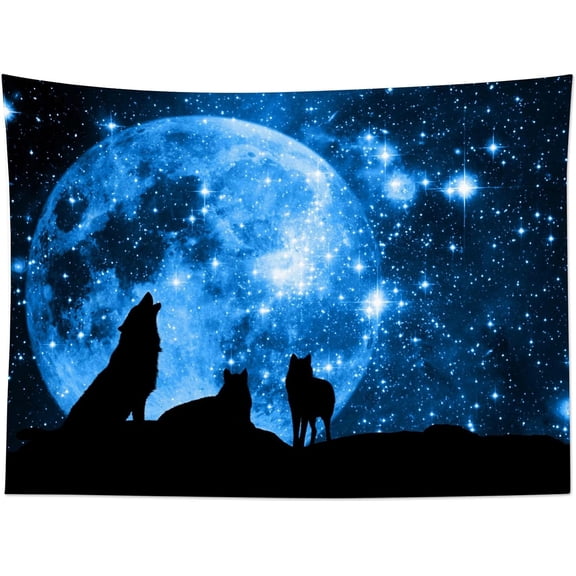 Wolf Moon Tapestry Wall Hanging, Blue Full Moon and Starry Sky Animal Silhouette Fabric Wall Decor for Bedroom, Living Room, Dorm, 80 x 60 Inch