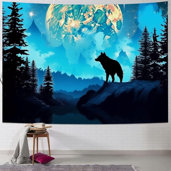 Wolf Moon Tapestry Wall Hanging Mountain Forest Teal Blue Ocean Starry Night Sky Galaxy Nature Landscape Aesthetic Tapestry for Bedroom Living Room Indie Decor 40x30inch