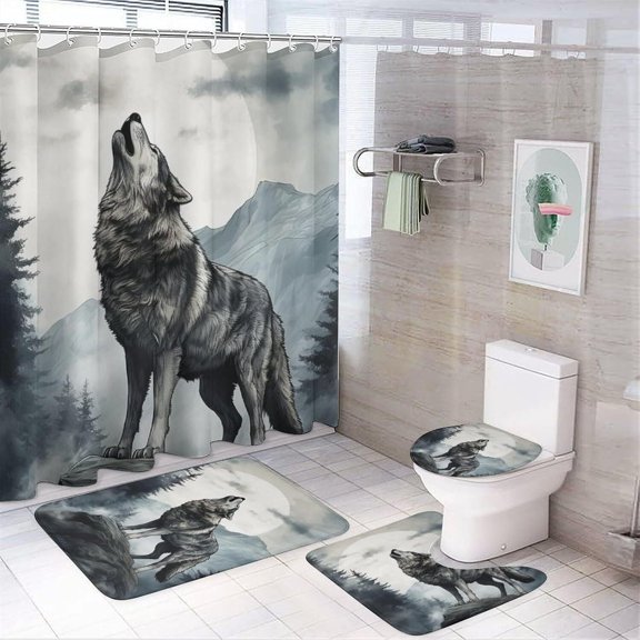 Wolf Moon Tree Shower Curtain Set for Bathroom, 4Pcs American Style Country Cool Animal Bathroom Sets with Non Slip Rugs, Toilet Lid Cover, Bath Mat, Shower Curtain, Bathroom Decor