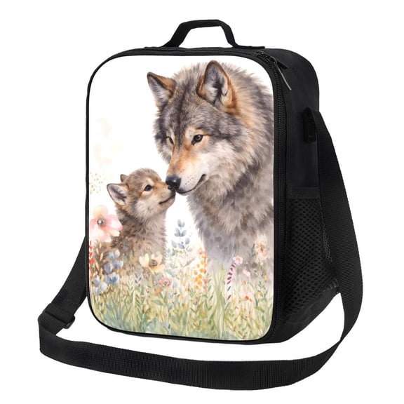 Wolf Mother And Cub Lunch Bag Insulated Thermal Box with Shoulder Strap & Handle for Work and Picnic