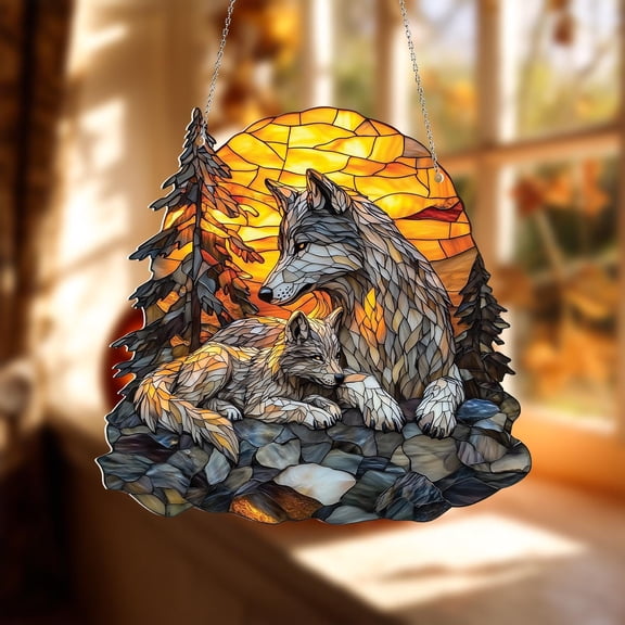 Wolf Mother Cub Wild Animal Acrylic Suncatcher Window Hanging Home Decor Housewarming Gift