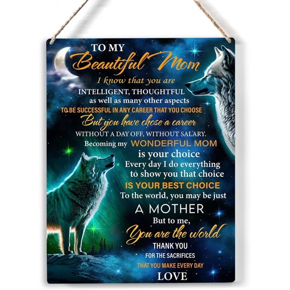 Wolf Mother Wood Sign to My Beautiful Mom Wooden Signs Rustic Hanging Plaque Home Wall Art 8x10, Perfect Mom Sign Wall Decor for Home Bedroom