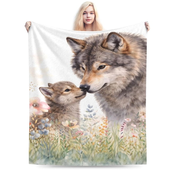 Wolf Mother and Cub Blanket, Woodland Wildlife Floral Art Design, Soft Cozy Plush Bed Sofa Couch Decor Gift for Adults Mother’s Day 80x60