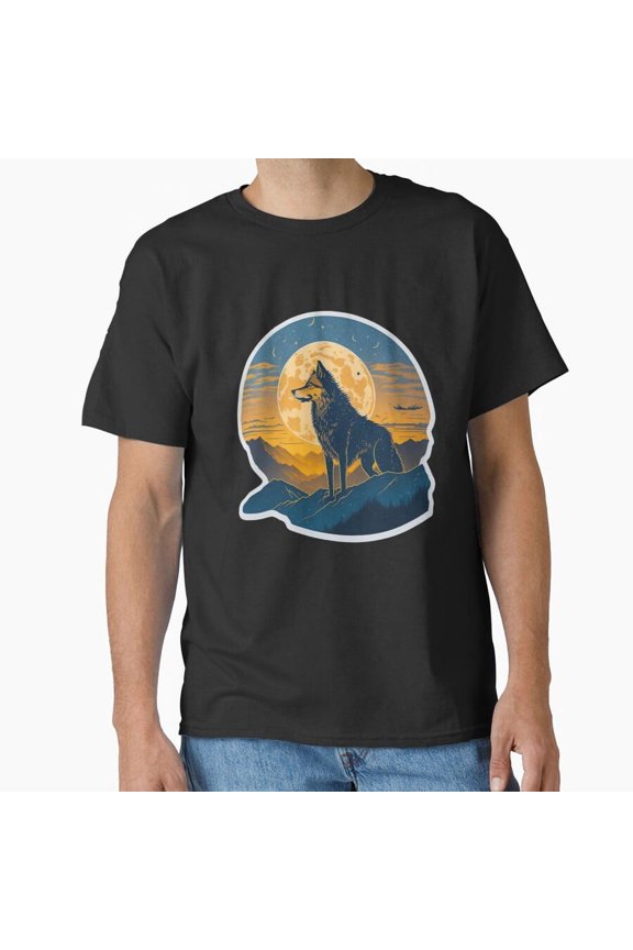 Wolf Mountain Majestic Summit Howling Creature Night Scene Unisex T-Shirt, up to size 5XL