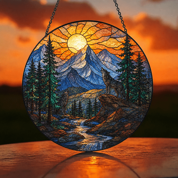 Wolf Mountain Suncatcher Window Hanging Acrylic Gift for Nature Lovers