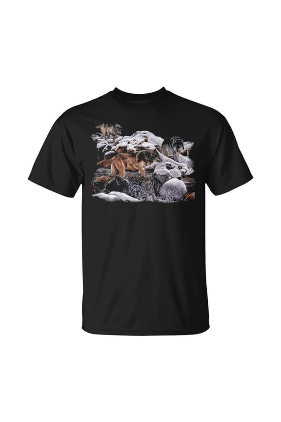Wolf Mountain Wildlife Graphic Tee Unisex Adult Cotton Three Wolf Design T-Shirt for Nature Lovers Outdoor Adventure Casual Wear, Size S, Color Black