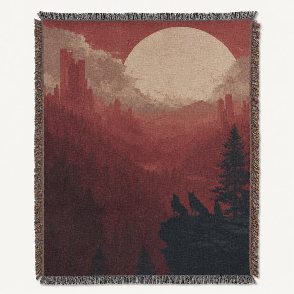 Wolf Mountain Woven Cotton Throw Blanket, Fringed Nature Tapestry, Rustic Cabin & Sofa Decor, Nature Lover Gift