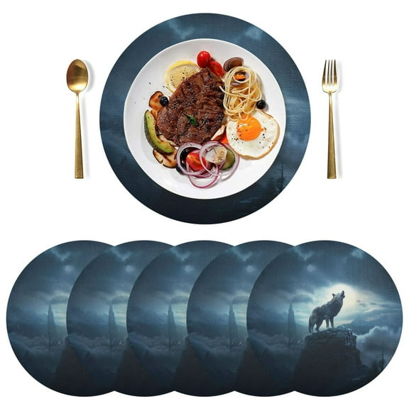 Wolf Mountains Clouds Black Round Placemats Plate Mats 15 Inch Non-Slip Heat Resistant Washable PVC Set Indoor for Kitchen Dining Table 1PC