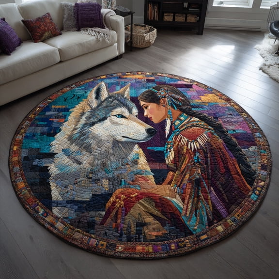 Wolf Native Woman Quilted Round Mat, Cozy Round Area Rug for Living Room Decor