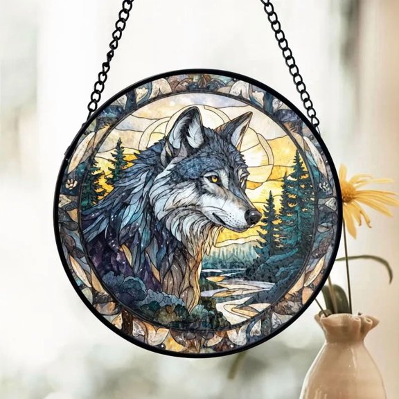Wolf Nature Wildlife Rustic Stained Glass Window Hanging Art Suncatcher