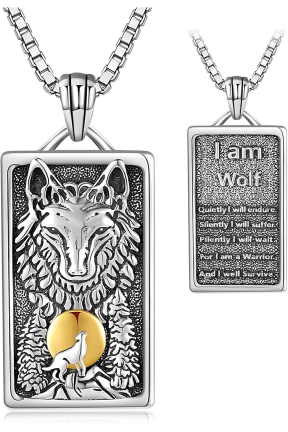 Wolf Necklace 925 Sterling Silver Therian Necklace Dog Tag Wolf Pendant Necklace Viking Norse Amulet Jewelry Gifts for Men Wolf Lovers