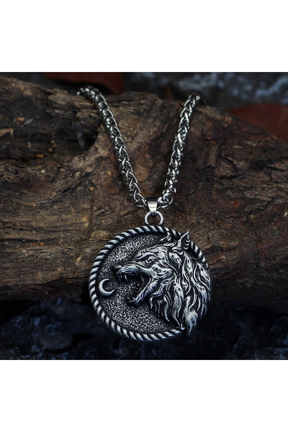 Wolf Necklace for Men, Crescent Moon Wolf Necklace, Nordic Viking Wolf Head Pendant Necklace with 23.6 Inch Chain, Howling Celtic Wolf Totem Amulet Necklace, Punk Animal Wolf Jewellery