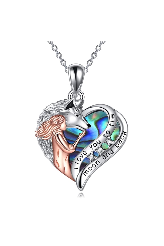 Wolf Necklace Sterling Silver Love Heart Wolf Pendant Necklace Gifts Love You to The Moon and Back Necklace Jewelry for Women Men