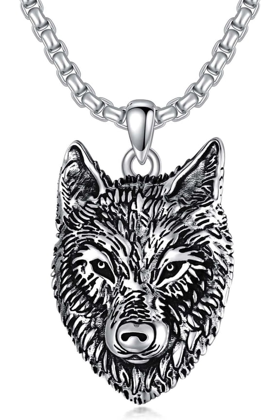 Wolf Necklace Sterling Silver Wolf Head Viking Pendant with 22+2 Stainless Steel Chain Gift for Men