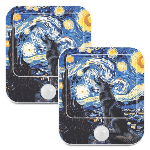 Wolf in Night Sky Oil Paint 2 Pack LED Motion Sensor Night Light Plug into Wall Auto Dusk to Dawn Adjustable Brightness for Kids Bedroom Hallway Nursery Room