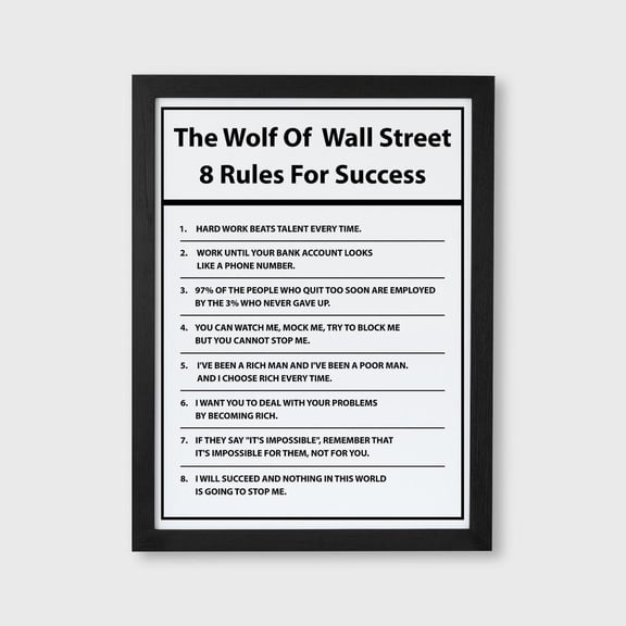 Wolf Of Wall Street Rules Poster, Motivational, Success Quote, Hustle Mindset, Travel Inspired Home And Office Decor