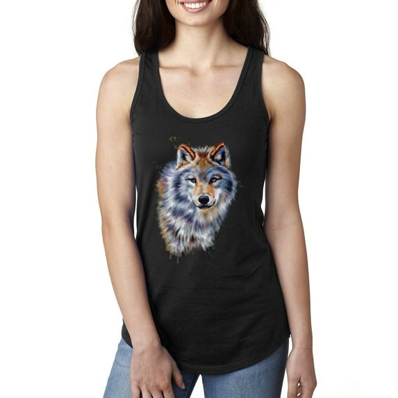 Wolf Oil Painting Animal Lover Ladies Racerback Tank Top, Black, Small