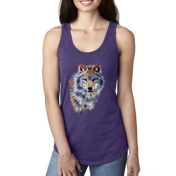 Wolf Oil Painting Animal Lover Ladies Racerback Tank Top, Purple Rush, X-Large