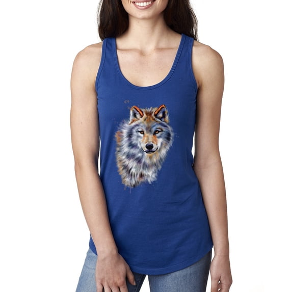 Wolf Oil Painting Animal Lover Ladies Racerback Tank Top, Royal, Large