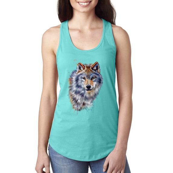 Wolf Oil Painting Animal Lover Ladies Racerback Tank Top, Tahiti Blue, Large