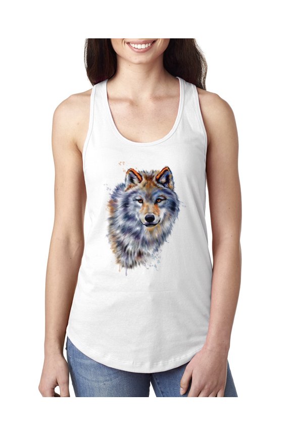 Wolf Oil Painting Animal Lover Ladies Racerback Tank Top, White, Large