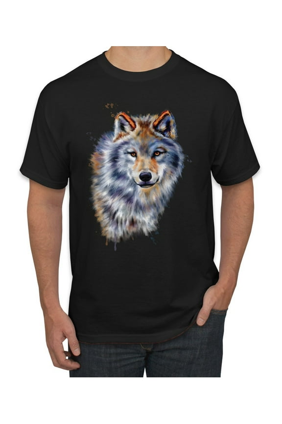 Wolf Oil Painting Animal Lover Men's Graphic T-Shirt, Black, 4XL