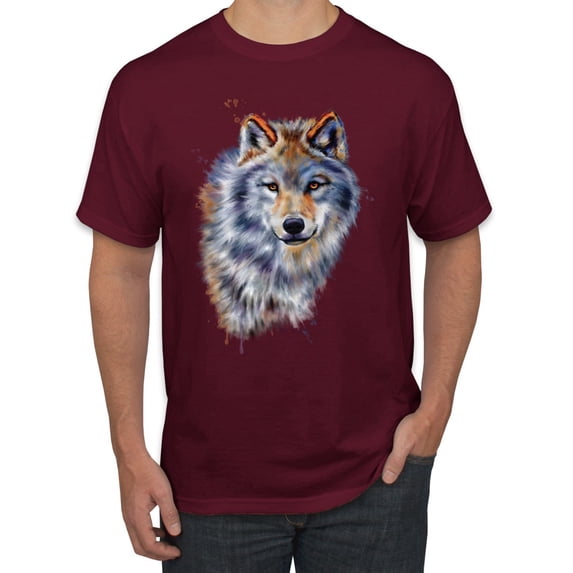 Wolf Oil Painting Animal Lover Men's Graphic T-Shirt, Maroon, Medium