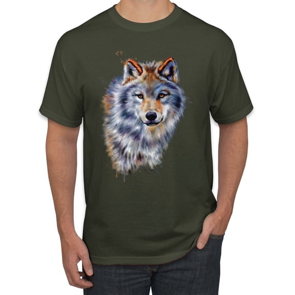 Wolf Oil Painting Animal Lover Men's Graphic T-Shirt, Military Green, Medium