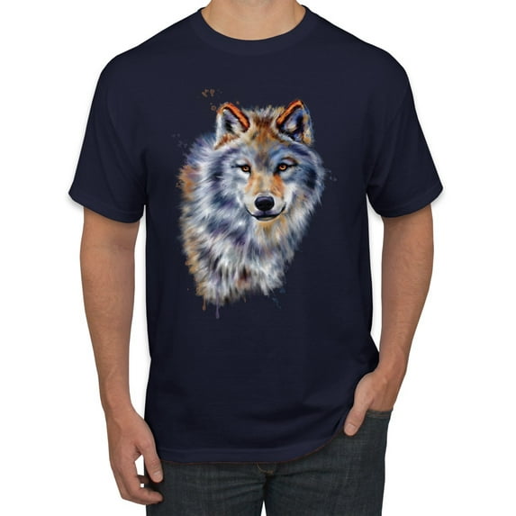 Wolf Oil Painting Animal Lover Men's Graphic T-Shirt, Navy, Large