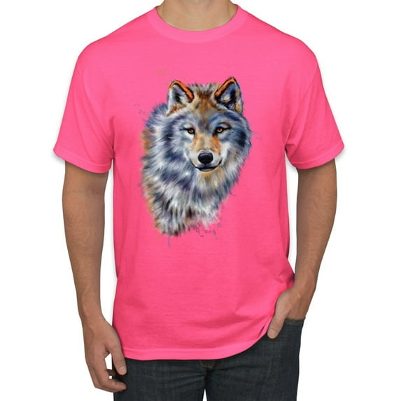 Wolf Oil Painting Animal Lover Men's Graphic T-Shirt, Neon Pink, Large