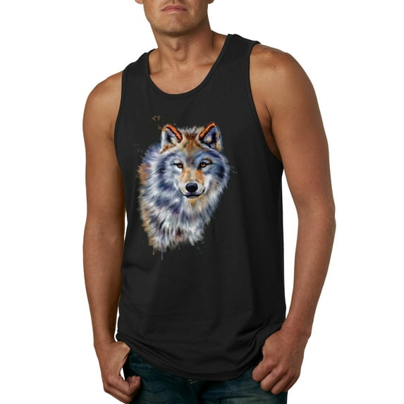 Wolf Oil Painting Animal Lover Mens Graphic Tank Top, Black, Medium