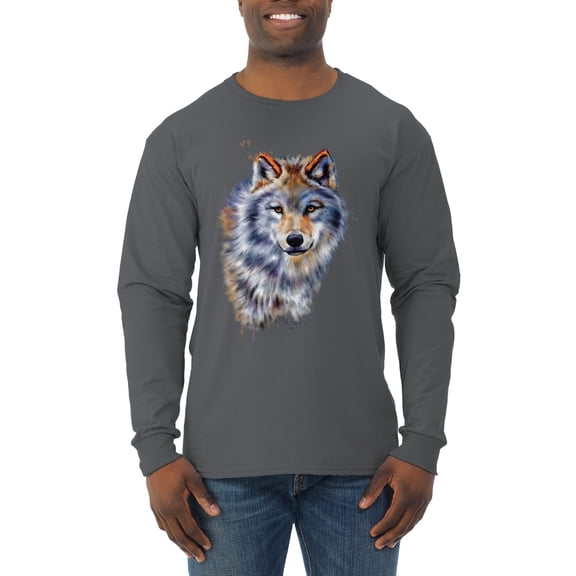 Wolf Oil Painting Animal Lover Mens Long Sleeve Shirt, Charcoal, Small
