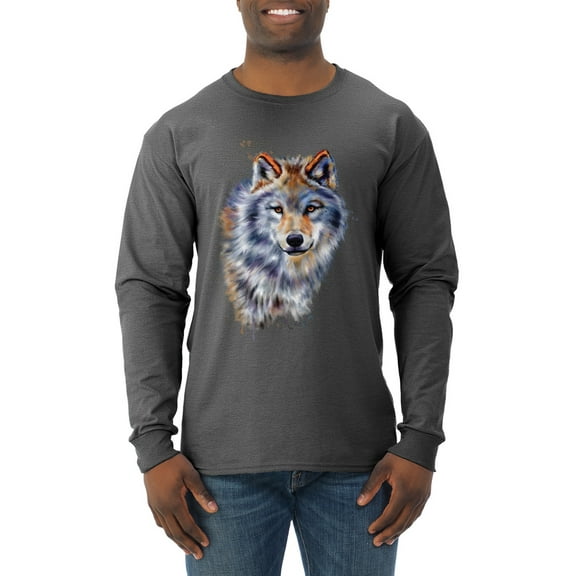 Wolf Oil Painting Animal Lover Mens Long Sleeve Shirt, Heather Black, Small