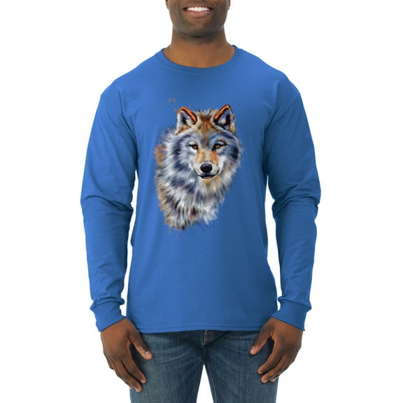 Wolf Oil Painting Animal Lover Mens Long Sleeve Shirt, Royal, Large