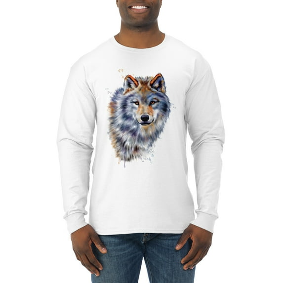 Wolf Oil Painting Animal Lover Mens Long Sleeve Shirt, White, 3XL
