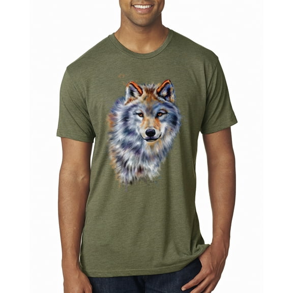 Wolf Oil Painting Animal Lover Mens Premium Tri Blend T-Shirt, Military Green, Medium