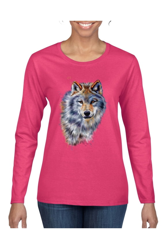 Wolf Oil Painting Animal Lover Womens Graphic Long Sleeve T-Shirt, Fuschia, Small