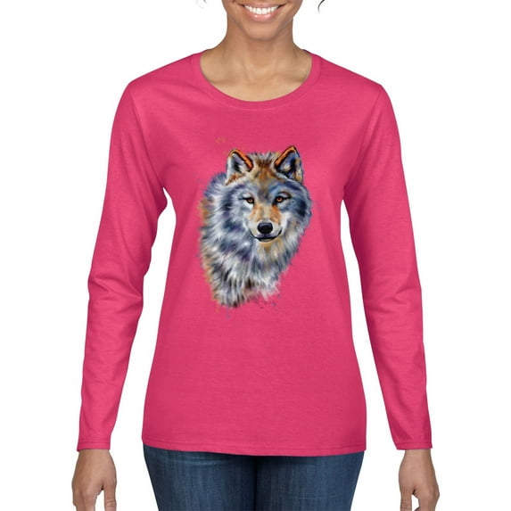 Wolf Oil Painting Animal Lover Womens Graphic Long Sleeve T-Shirt, Fuschia, X-Large
