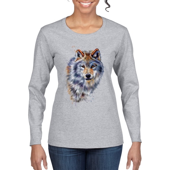 Wolf Oil Painting Animal Lover Womens Graphic Long Sleeve T-Shirt, Heather Grey, Large