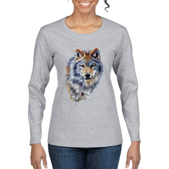 Wolf Oil Painting Animal Lover Womens Graphic Long Sleeve T-Shirt, Heather Grey, Small