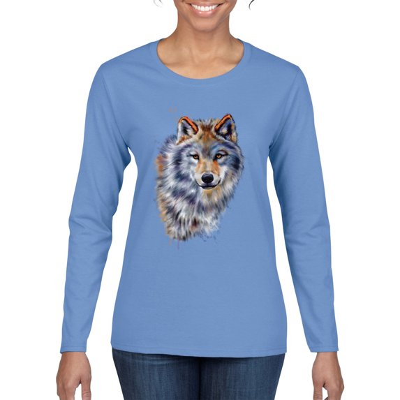 Wolf Oil Painting Animal Lover Womens Graphic Long Sleeve T-Shirt, Light Blue, 2XL