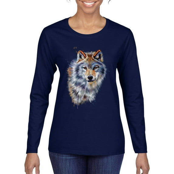 Wolf Oil Painting Animal Lover Womens Graphic Long Sleeve T-Shirt, Navy, Medium