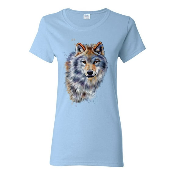 Wolf Oil Painting Animal Lover Womens Graphic T-Shirt, Light Blue, X-Large