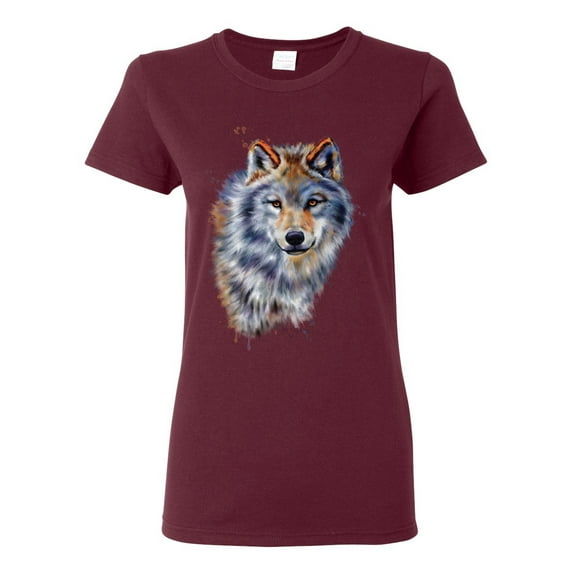 Wolf Oil Painting Animal Lover Womens Graphic T-Shirt, Maroon, Small