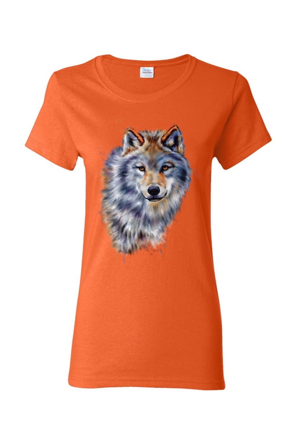 Wolf Oil Painting Animal Lover Womens Graphic T-Shirt, Orange, 2XL