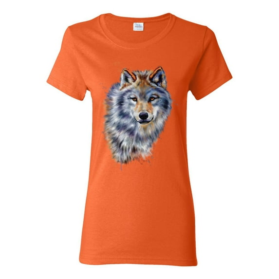 Wolf Oil Painting Animal Lover Womens Graphic T-Shirt, Orange, Small