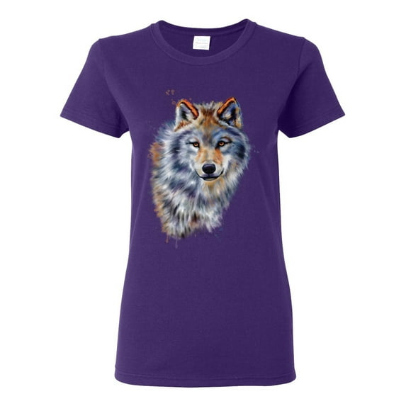Wolf Oil Painting Animal Lover Womens Graphic T-Shirt, Purple, Small